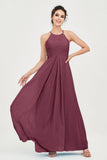 Vestido de dama de honor de gasa plisado con cuello halter, sin mangas, fruncido, formal, de noche, para graduación 