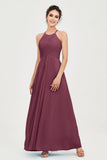 Vestido de dama de honor de gasa plisado con cuello halter, sin mangas, fruncido, formal, de noche, para graduación 