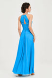 Vestido de dama de honor de gasa plisado con cuello halter, sin mangas, fruncido, formal, de noche, para graduación 
