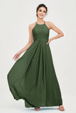 Vestido de dama de honor de gasa plisado con cuello halter, sin mangas, fruncido, formal, de noche, para graduación 