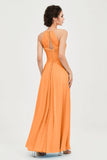 Vestido de dama de honor de gasa plisado con cuello halter, sin mangas, fruncido, formal, de noche, para graduación 