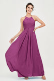 Vestido de dama de honor de gasa plisado con cuello halter, sin mangas, fruncido, formal, de noche, para graduación 