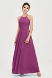 Vestido de dama de honor de gasa plisado con cuello halter, sin mangas, fruncido, formal, de noche, para graduación 