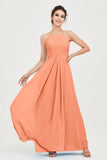 Vestido de dama de honor de gasa plisado con cuello halter, sin mangas, fruncido, formal, de noche, para graduación 