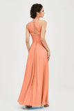 Vestido de dama de honor de gasa plisado con cuello halter, sin mangas, fruncido, formal, de noche, para graduación 
