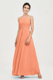 Vestido de dama de honor de gasa plisado con cuello halter, sin mangas, fruncido, formal, de noche, para graduación 