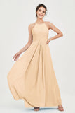 Vestido de dama de honor de gasa plisado con cuello halter, sin mangas, fruncido, formal, de noche, para graduación 