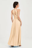 Vestido de dama de honor de gasa plisado con cuello halter, sin mangas, fruncido, formal, de noche, para graduación 