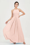 Vestido de dama de honor de gasa plisado con cuello halter, sin mangas, fruncido, formal, de noche, para graduación 