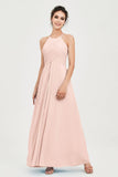 Vestido de dama de honor de gasa plisado con cuello halter, sin mangas, fruncido, formal, de noche, para graduación 