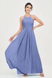 Vestido de dama de honor de gasa plisado con cuello halter, sin mangas, fruncido, formal, de noche, para graduación 