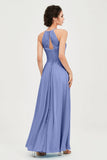 Vestido de dama de honor de gasa plisado con cuello halter, sin mangas, fruncido, formal, de noche, para graduación 