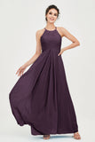 Vestido de dama de honor de gasa plisado con cuello halter, sin mangas, fruncido, formal, de noche, para graduación 
