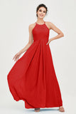 Vestido de dama de honor de gasa plisado con cuello halter, sin mangas, fruncido, formal, de noche, para graduación 