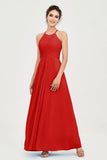 Vestido de dama de honor de gasa plisado con cuello halter, sin mangas, fruncido, formal, de noche, para graduación 