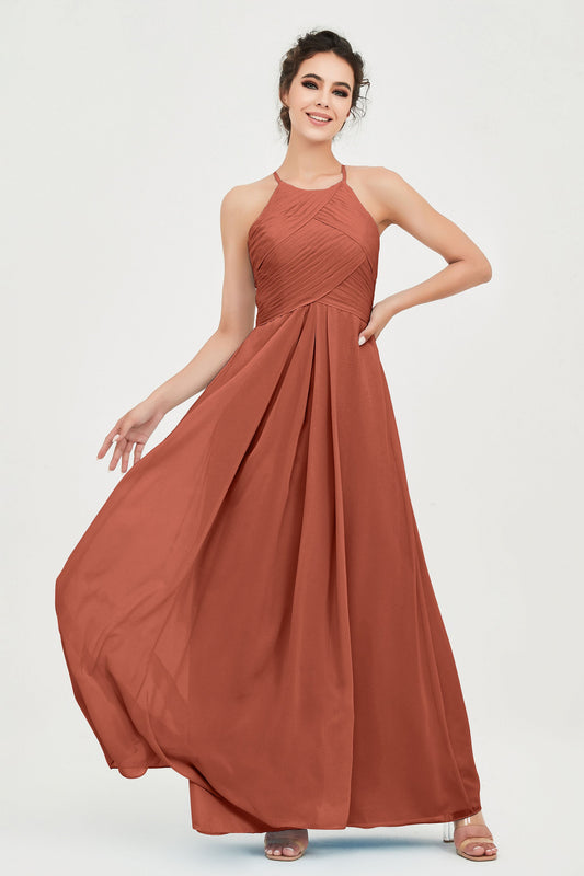 Halter Pleated Chiffon Bridesmaid Dress Sleeveless Ruched Formal Evening Dresses Prom Gowns