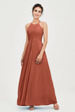 Vestido de dama de honor de gasa plisado con cuello halter, sin mangas, fruncido, formal, de noche, para graduación 