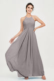 Vestido de dama de honor de gasa plisado con cuello halter, sin mangas, fruncido, formal, de noche, para graduación 