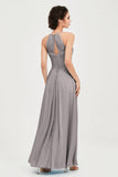Vestido de dama de honor de gasa plisado con cuello halter, sin mangas, fruncido, formal, de noche, para graduación 