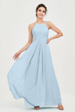 Vestido de dama de honor de gasa plisado con cuello halter, sin mangas, fruncido, formal, de noche, para graduación 