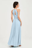 Vestido de dama de honor de gasa plisado con cuello halter, sin mangas, fruncido, formal, de noche, para graduación 