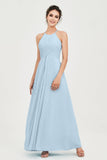 Vestido de dama de honor de gasa plisado con cuello halter, sin mangas, fruncido, formal, de noche, para graduación 