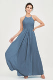 Vestido de dama de honor de gasa plisado con cuello halter, sin mangas, fruncido, formal, de noche, para graduación 