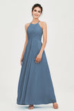 Vestido de dama de honor de gasa plisado con cuello halter, sin mangas, fruncido, formal, de noche, para graduación 