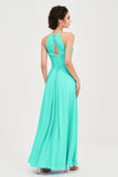 Vestido de dama de honor de gasa plisado con cuello halter, sin mangas, fruncido, formal, de noche, para graduación 
