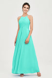 Vestido de dama de honor de gasa plisado con cuello halter, sin mangas, fruncido, formal, de noche, para graduación 