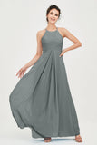 Vestido de dama de honor de gasa plisado con cuello halter, sin mangas, fruncido, formal, de noche, para graduación 
