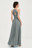 Vestido de dama de honor de gasa plisado con cuello halter, sin mangas, fruncido, formal, de noche, para graduación 