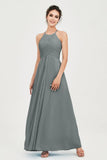 Vestido de dama de honor de gasa plisado con cuello halter, sin mangas, fruncido, formal, de noche, para graduación 