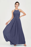 Vestido de dama de honor de gasa plisado con cuello halter, sin mangas, fruncido, formal, de noche, para graduación 