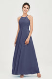 Vestido de dama de honor de gasa plisado con cuello halter, sin mangas, fruncido, formal, de noche, para graduación 