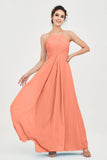 Vestido de dama de honor de gasa plisado con cuello halter, sin mangas, fruncido, formal, de noche, para graduación 