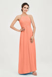 Vestido de dama de honor de gasa plisado con cuello halter, sin mangas, fruncido, formal, de noche, para graduación 