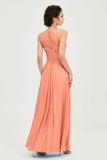 Vestido de dama de honor de gasa plisado con cuello halter, sin mangas, fruncido, formal, de noche, para graduación 