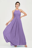 Vestido de dama de honor de gasa plisado con cuello halter, sin mangas, fruncido, formal, de noche, para graduación 