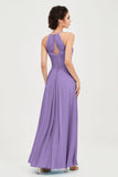 Vestido de dama de honor de gasa plisado con cuello halter, sin mangas, fruncido, formal, de noche, para graduación 