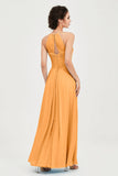 Vestido de dama de honor de gasa plisado con cuello halter, sin mangas, fruncido, formal, de noche, para graduación 
