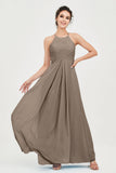 Vestido de dama de honor de gasa plisado con cuello halter, sin mangas, fruncido, formal, de noche, para graduación 