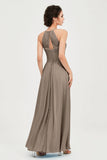 Vestido de dama de honor de gasa plisado con cuello halter, sin mangas, fruncido, formal, de noche, para graduación 