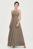 Vestido de dama de honor de gasa plisado con cuello halter, sin mangas, fruncido, formal, de noche, para graduación 