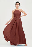 Vestido de dama de honor de gasa plisado con cuello halter, sin mangas, fruncido, formal, de noche, para graduación 