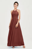 Vestido de dama de honor de gasa plisado con cuello halter, sin mangas, fruncido, formal, de noche, para graduación 