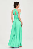 Vestido de dama de honor de gasa plisado con cuello halter, sin mangas, fruncido, formal, de noche, para graduación 