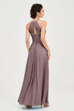 Vestido de dama de honor de gasa plisado con cuello halter, sin mangas, fruncido, formal, de noche, para graduación 