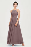 Vestido de dama de honor de gasa plisado con cuello halter, sin mangas, fruncido, formal, de noche, para graduación 