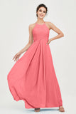 Vestido de dama de honor de gasa plisado con cuello halter, sin mangas, fruncido, formal, de noche, para graduación 